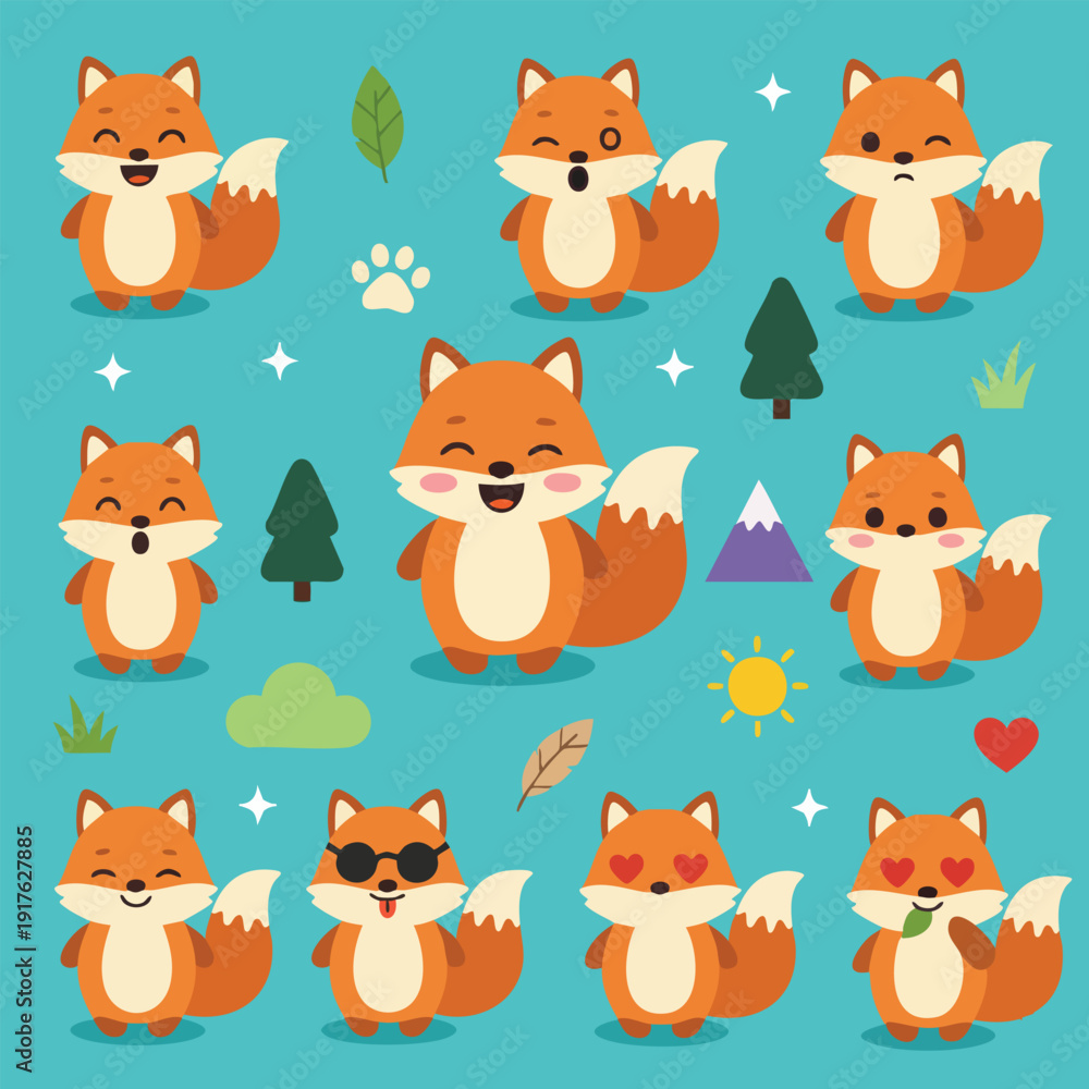 Obraz premium Cute Fox Sticker Set | Kawaii Fox Cartoon, Forest Animal Emoji & Planner Stickers