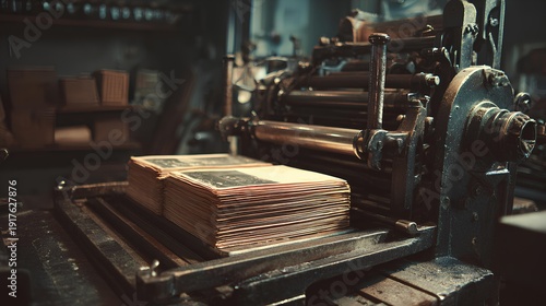 Printing Press at Work: An old printing press stands ready for operation, with a stack of paper sheets in the foreground, signifying a moment of creativity and craftsmanship. 