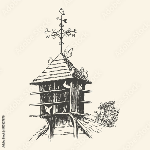 Charming vintage illustration of a dovecote topped with a weather vane, surrounded by pigeons