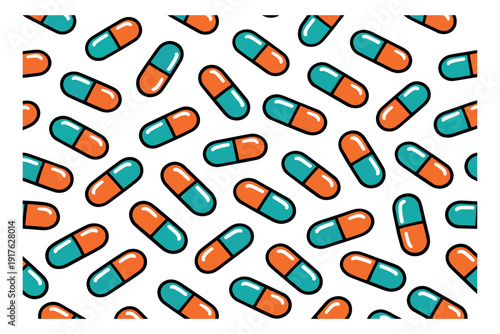Cartoon capsules set featuring medicinal tablets in a seamless pattern for medical and healthcare designs