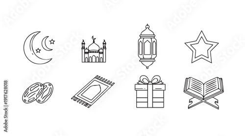 Islamic Icons Set: Crescent, Mosque, Lantern, Dates, Prayer Mat, Gift, Quran, Stock Media
