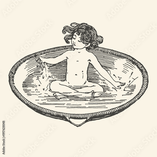 Whimsical line drawing of a baby sitting in a large decorative bowl filled with water, playing
