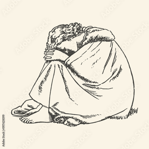 Poignant sketch of a person huddled in despair, embracing knees in a pose of deep sadness