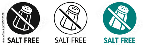 Graphic dietary icons set featuring salt shakers with prohibition symbols and 'salt free' text for food product labeling and healthy lifestyle promotion