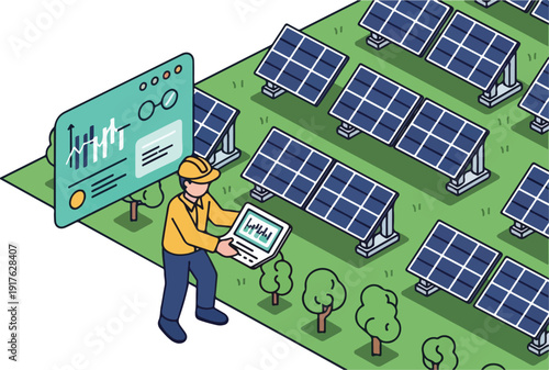 Man inspecting solar panels in a green field with trees and a data dashboard display