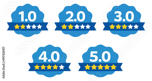 Modern graphic rating badges set featuring star evaluations from one to five for customer feedback