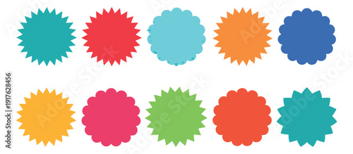 Modern colorful badge shapes set featuring starburst and scalloped designs for promotions