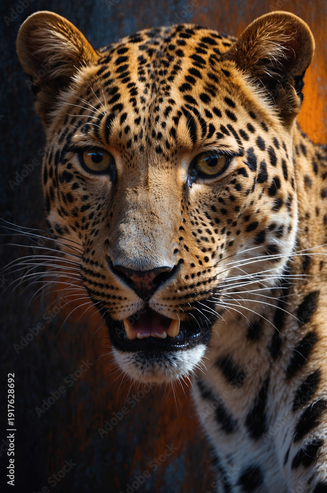 Fototapeta premium Elegant mixed media painting of a majestic leopard portrait, featuring dramatic lighting and rich detail