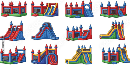 Set of colorful inflatable bouncy castles and slide playgrounds for kids party entertainment, cartoon vector collection isolated on white background illustration
