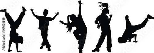 Hip hop and street dance silhouettes set with breakdance moves vector illustration isolated on white background