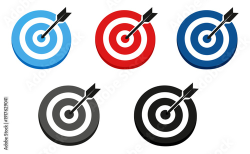 Modern flat target icon set featuring arrows hitting the bullseye for achieving business goals