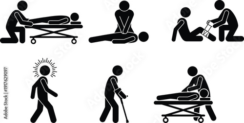 Emergency First Aid Silhouette Icons with CPR, Injury Treatment and Patient Transport Vector Illustration S