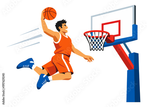 Dynamic flat design illustration of a basketball player depicting a slam dunk for sports advertising