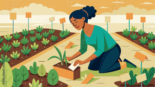 Woman planting seedlings in vegetable garden, caring for young plants in raised bed, organic farming and sustainable lifestyle, flat vector illustration