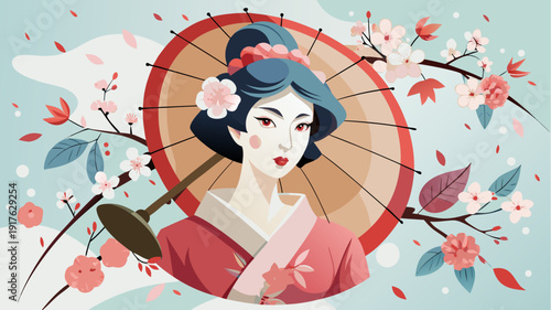 Japanese woman in kimono with traditional umbrella surrounded by cherry blossoms, elegant oriental portrait in spring, flat vector illustration