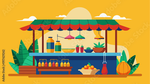 Street food stall with colorful awning, fresh fruits, juice bottles and honey on counter, summer market scene, flat vector illustration