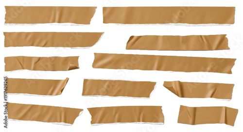 Set of Brown Torn Adhesive Masking Tape Isolated on White Transparent Background, Ripped Paper Tape Sticker Mockup