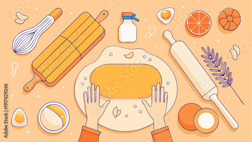 Baking process with hands kneading dough surrounded by rolling pin, whisk, eggs and orange slices, homemade pastry preparation, flat vector illustration