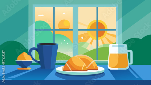 Breakfast table with croissant, coffee and orange juice by sunny window, morning meal with countryside view, flat vector illustration