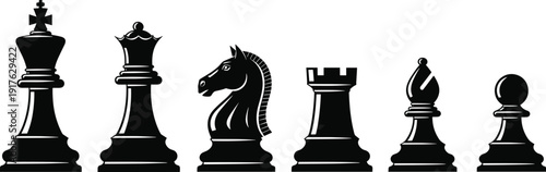 Obraz na plátně Chess Pieces Silhouette Set with King, Queen, Knight, Rook, Bishop and Pawn Stra