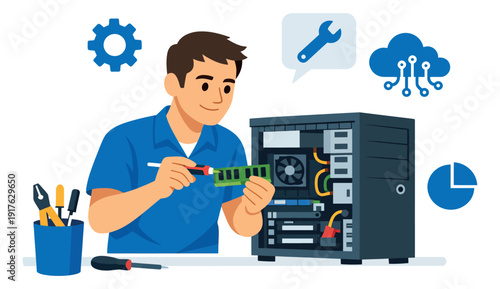 Modern flat design illustration of a computer technician depicting computer repair for IT support services
