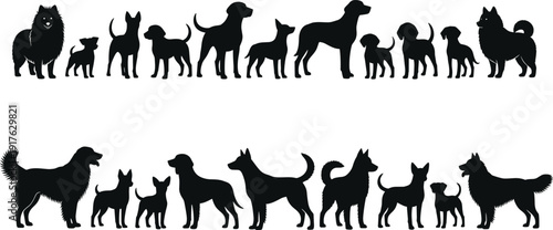 Set of diverse dog breed silhouettes including puppies and adult dogs in various poses, perfect for canine pet industry graphic design and veterinary branding.