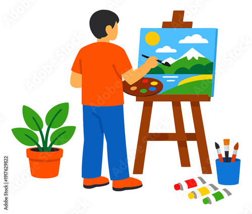 Flat design illustration of an artist depicting painting a landscape for art and creativity concepts