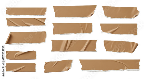 Set of Brown Torn Adhesive Masking Tape Isolated on White Transparent Background, Ripped Paper Tape Sticker Mockup