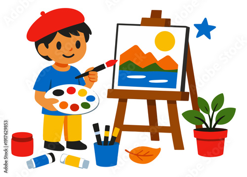 Cute illustration of a young artist depicting a boy painting on an easel with a palette for artistic education