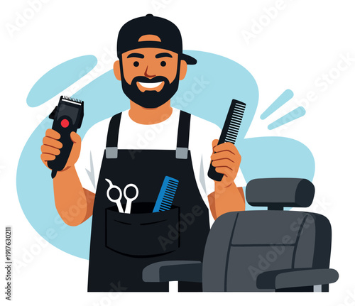 Cartoon illustration of a smiling male barber depicting him holding a hair clipper and comb for barbershop services