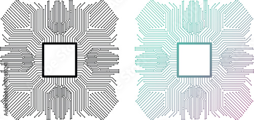 Abstract CPU microchip circuit frame design with digital motherboard pattern in two color variants