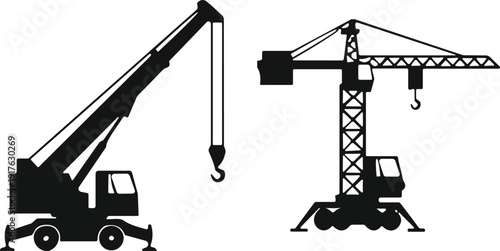 Mobile crane truck and tower crane silhouettes construction equipment vector illustration isolated on white background