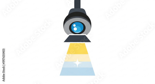 Security camera with colorful beam light on white background symbolizing surveillance and safety