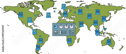Global connectivity and technology illustrated through a world map with various icons and symbols representing different aspects of modern communication and digital presence