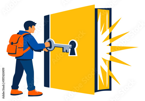 Modern illustration of a student depicting unlocking a door to knowledge for education and opportunity