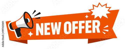 Modern graphic illustration of a new offer banner with a megaphone depicting an announcement for sales promotion