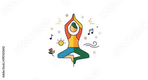 Person meditating in lotus position with hands raised surrounded by music notes and symbols of happiness and harmony in a vibrant colorful setting