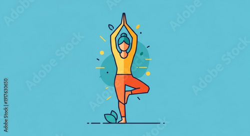 Person in yoga pose with hands up and one leg bent on blue background with green leaves and yellow sparks