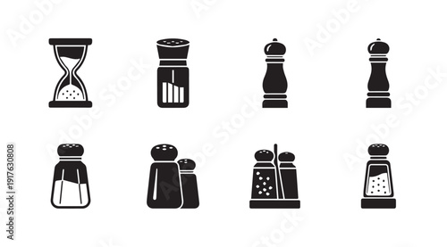 Salt and Pepper Shaker Icons Set, Hourglass Timer, Kitchen Seasoning Tools, Culinary Graphics, Stock Media