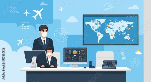 Air Traffic Control Operators Monitor Global Flights with Masks
