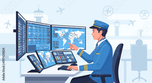 Air Traffic Controller Working at Multiple Screens in Control Tower