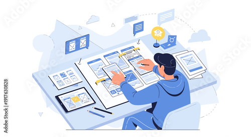 App Designer Working on UI UX Project with Wireframes and Mockups