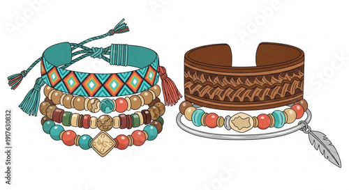 Vibrant boho stacked beaded bracelets with tassels and feather accents on white background