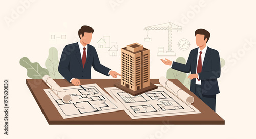 Architects discussing building model and blueprints on table office desk