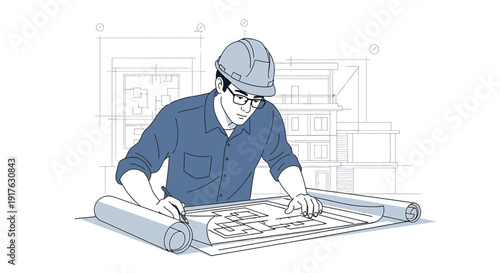 Architect reviewing building blueprints on a drafting table, engineering design