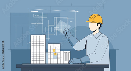 Architect working on blueprint, construction planning, modern building design, technology