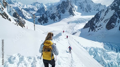 Woman Hiking in Snowy Mountain Landscape.