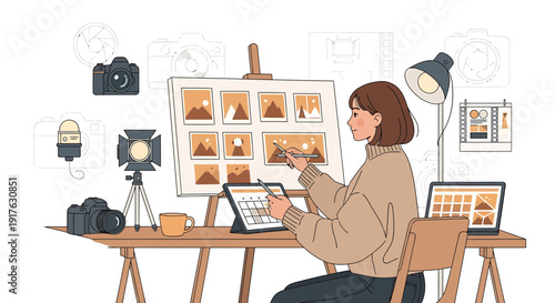 Artist Designing Photography Portfolio on Digital Tablet and Easel