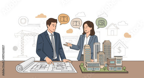 Architects Discussing Building Plans and City Model