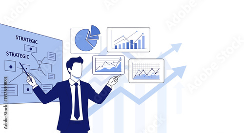 Business Analyst Presenting Strategic Growth Charts and Data on Whiteboard